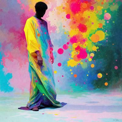 The primary subject of the image is a man wearing a colorful robe, standing in a room with a colorful background. The setting appears to be a studio or a room with a colorful backdrop. The visual style of the image is a painting, which gives it a unique and artistic appearance. The dominant colors in the painting are bright and vibrant, creating a lively and energetic atmosphere.